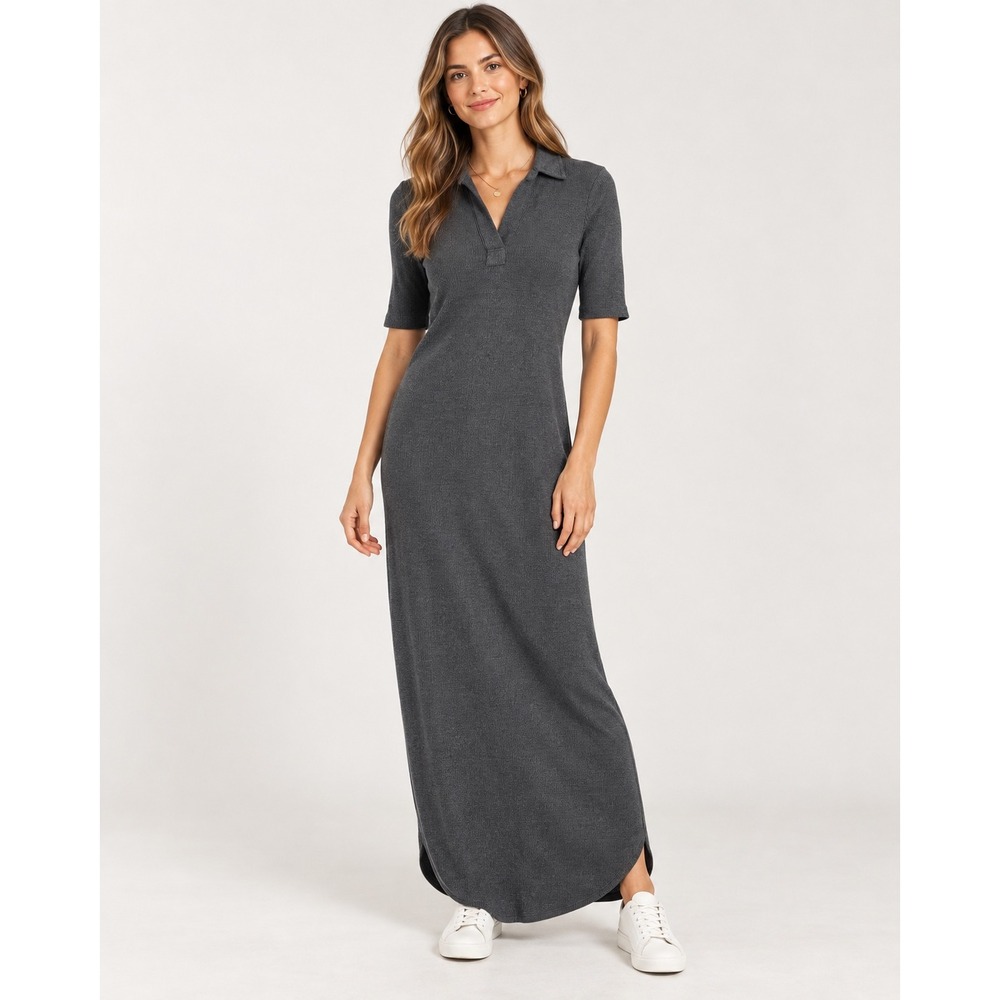 Mod Ref Miya Dress Womens Medium Charcoal Grey Ribbed Cotton Maxi Polo NWT